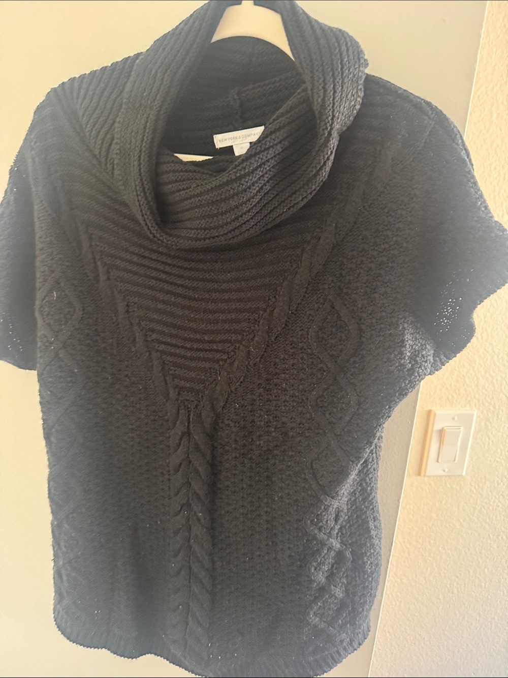 New York & Company Black Short-Sleeve Cowl Cable Knit Sweater
